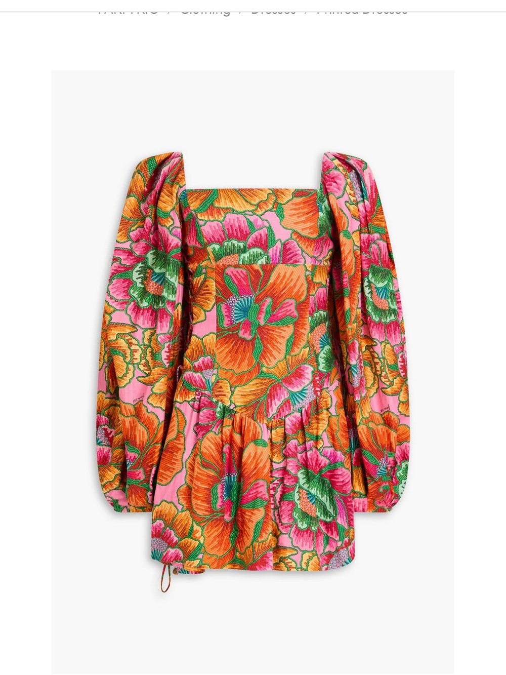 FARM Rio Orange Pink Green Floral Puff-Sleeve Mini Dress